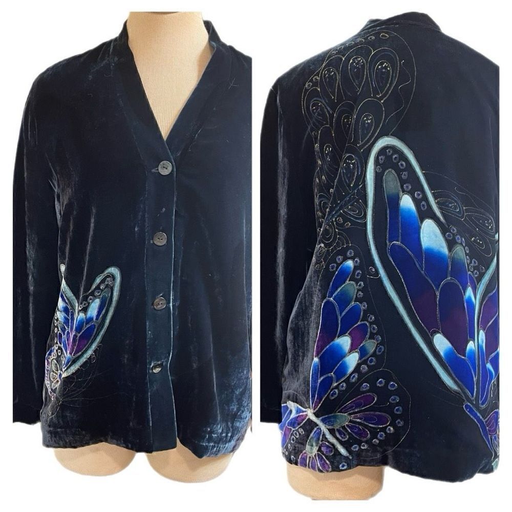 Chico’s Anniversary Collection Butterfly Silk Spruce Green Velvet Jacket Size 1